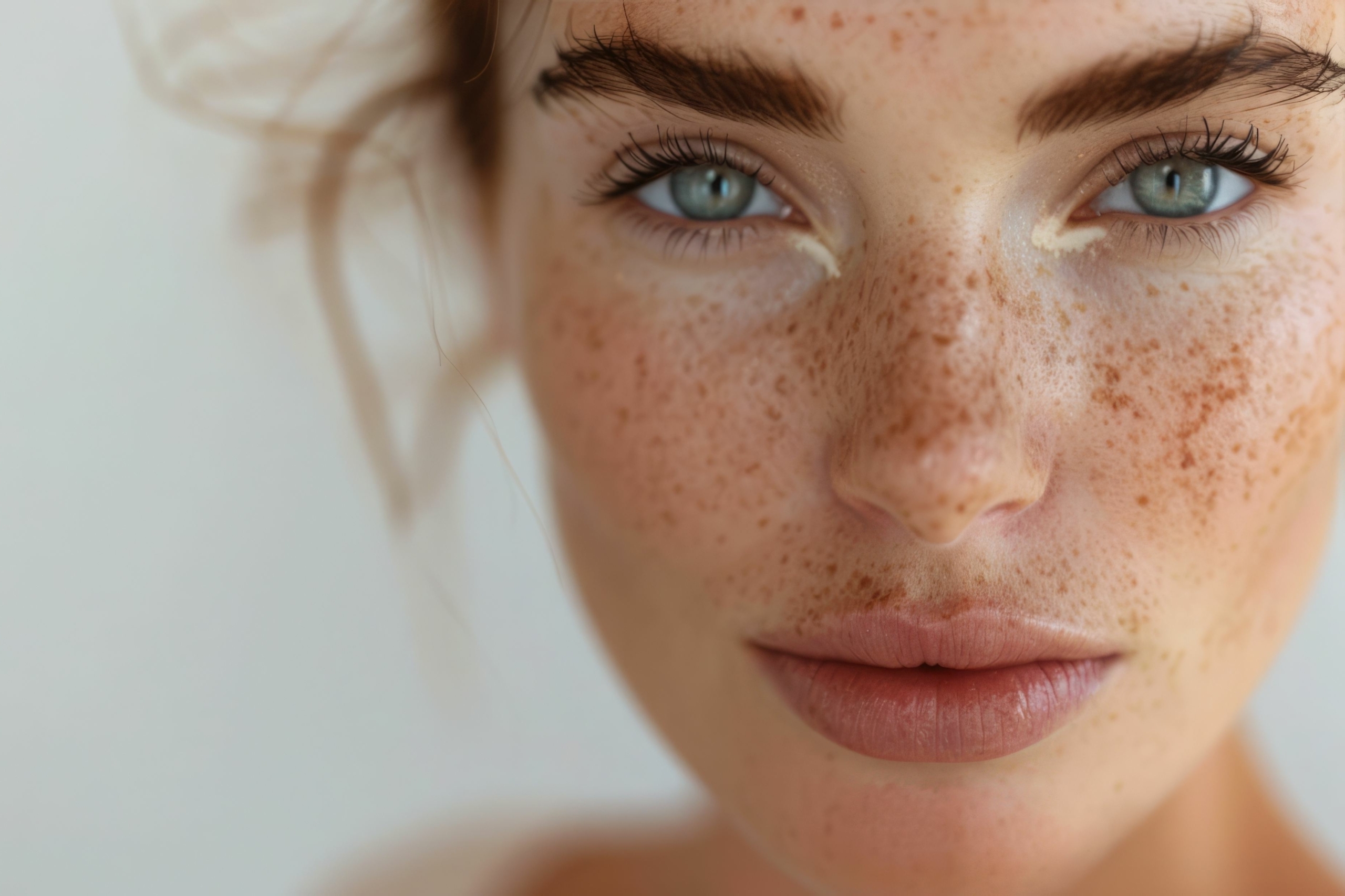 Close up beauty girl with freckles and thick eyebrows, applying moisturizing skincare cream, lotion or mask for skin lifting and anti-aging detoxifying effect, white background